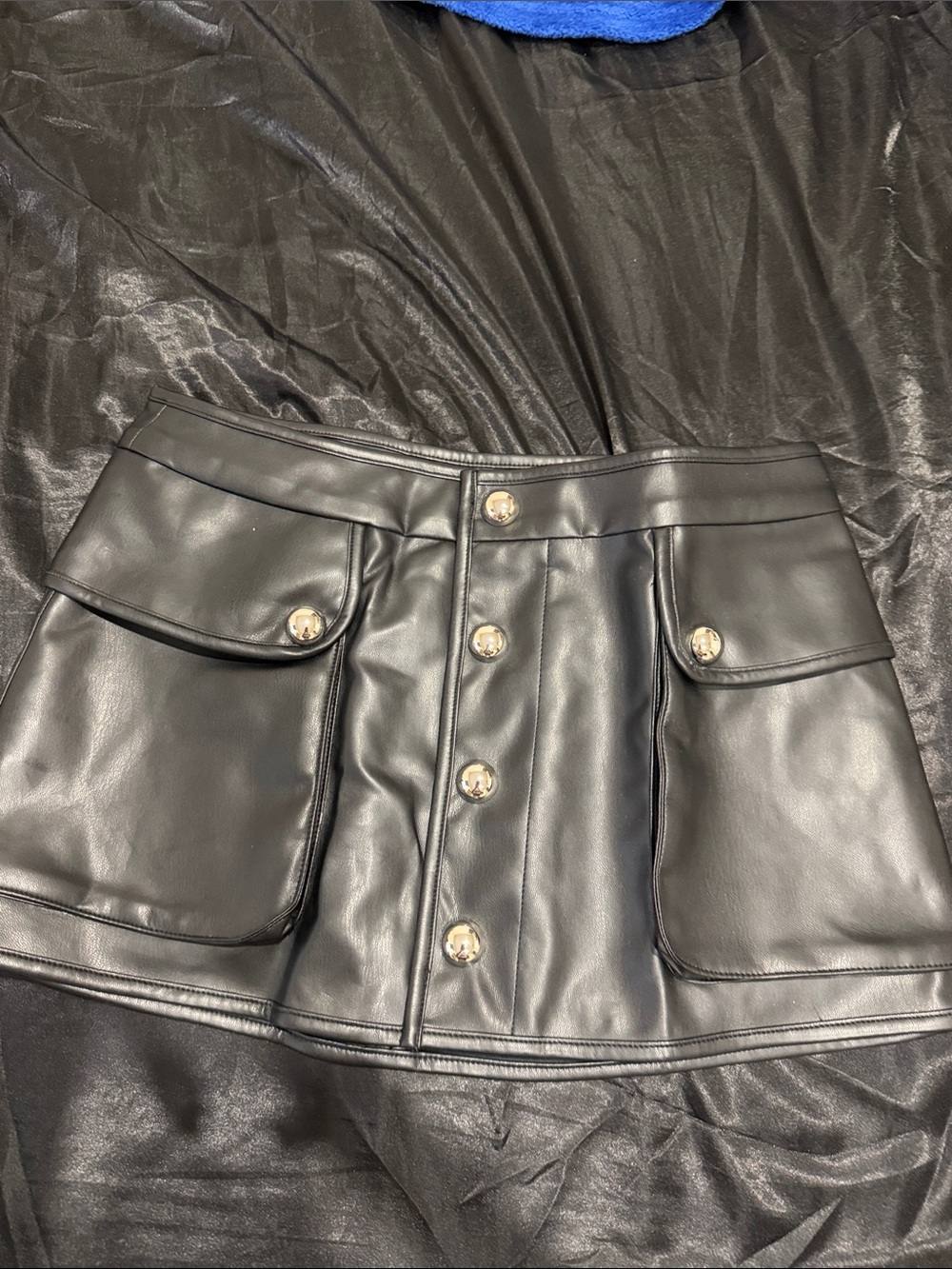 Black Faux Leather Button-Front Mini Skirt with Patch Pockets